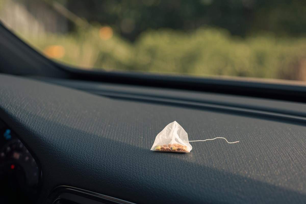 Bustina di tè sul cruscotto auto